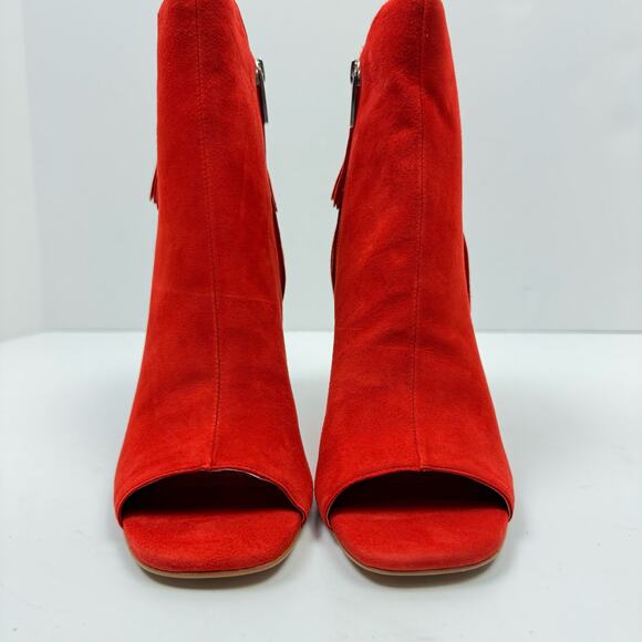 NEW Vince Camuto Amenala Bright Red Faux Suede Western Fringe Peep Toe Bootie - Picture 4 of 14